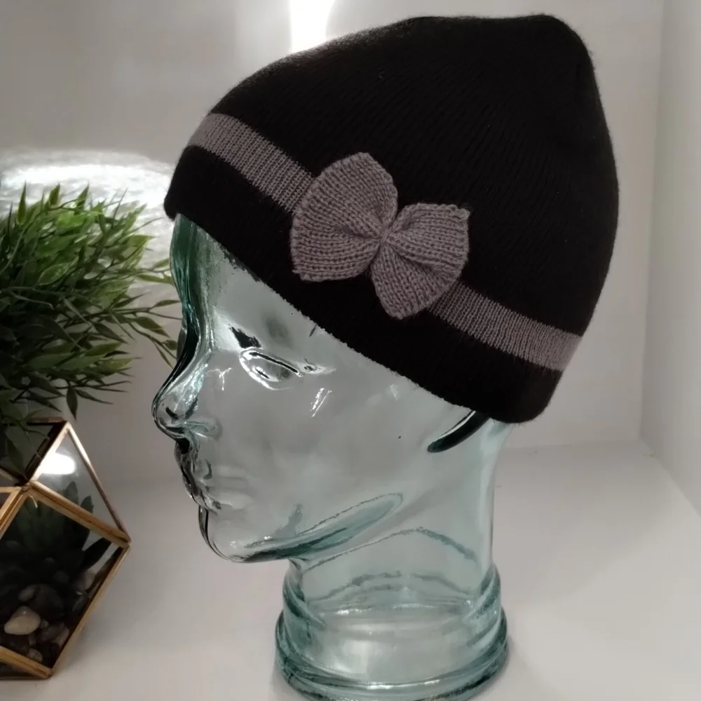 Girls Black & Gray Knit Stripe Beanie Hat with Bow Accent, One Size